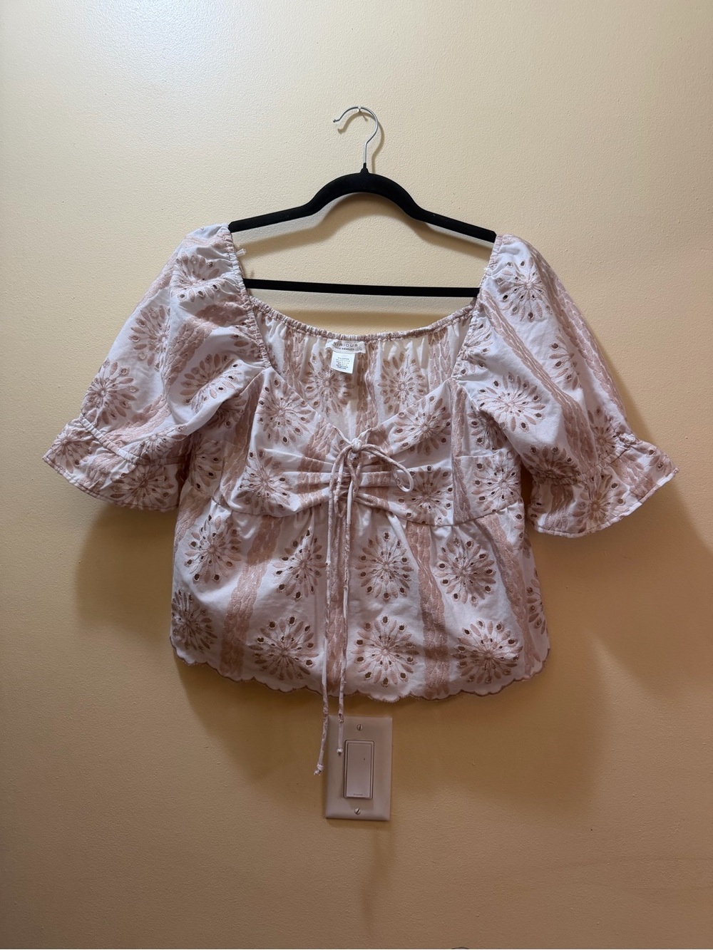 Tie-Front Eyelet Puff Sleeve Blouse in Light Pink